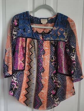 Venessa Virginia Anthropologie Boho Mixed Print Peasant Top Shirt 2 Xs